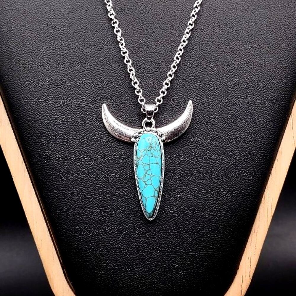 925 Silver Necklace w/ Turquoise Bull Horns Pendant Women's Vintage Boho Gift
